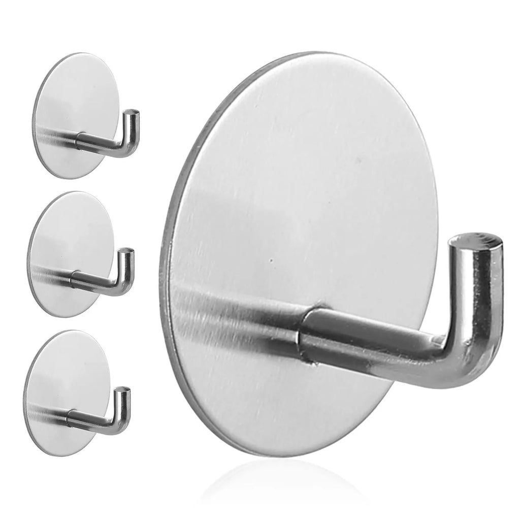Stainless steel self-adhesive wall hook with rounded luggage hook design.