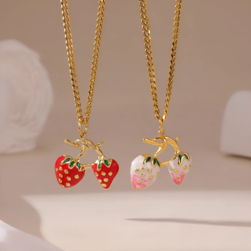 Stainless steel strawberry pendant necklace with alloy chain in red and white gradient colours