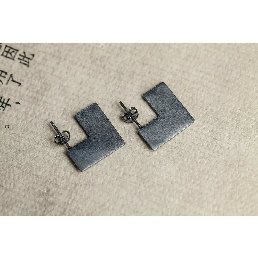Oxidised black geometric square sterling silver earrings minimalist cold wind style
