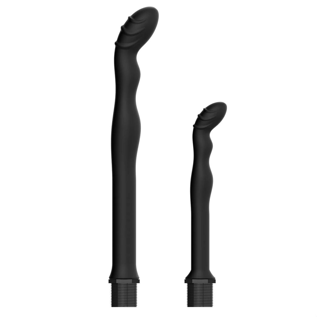Black silicone hosepipe flusher for rectal irrigation procedures shown in large and small size options