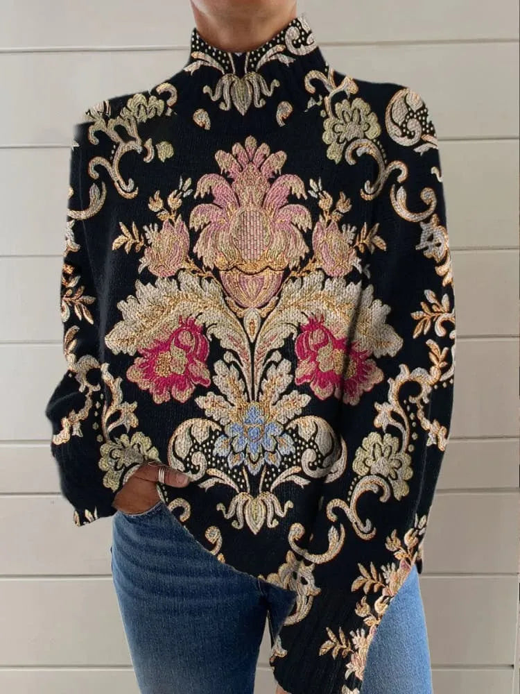 Black 3D pattern printed loose fit turtleneck long sleeve sweater on a model