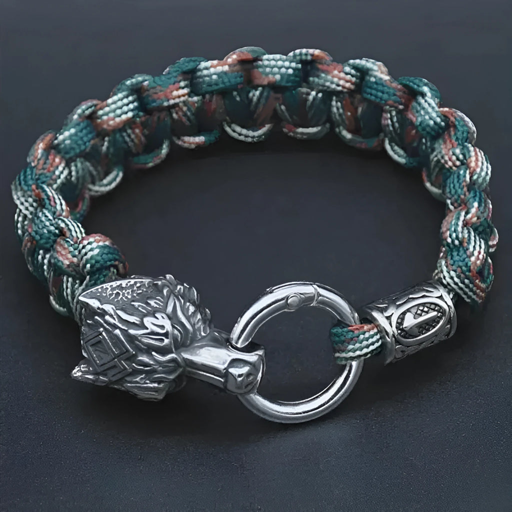 Handmade stainless steel wolf head bracelet with Luen character in camouflage colour