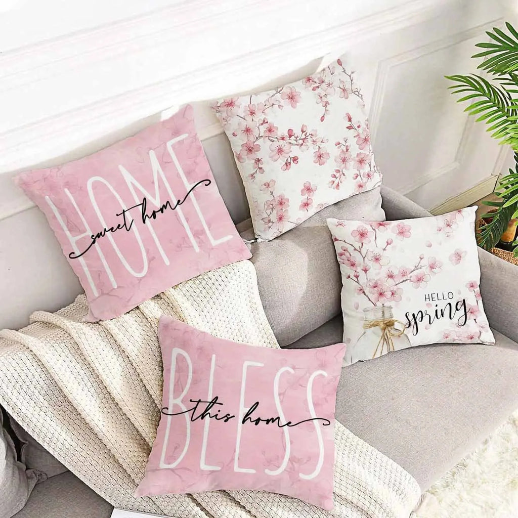 Square 45cm cherry blossom and letter print cushion cover in short velvet fabric.