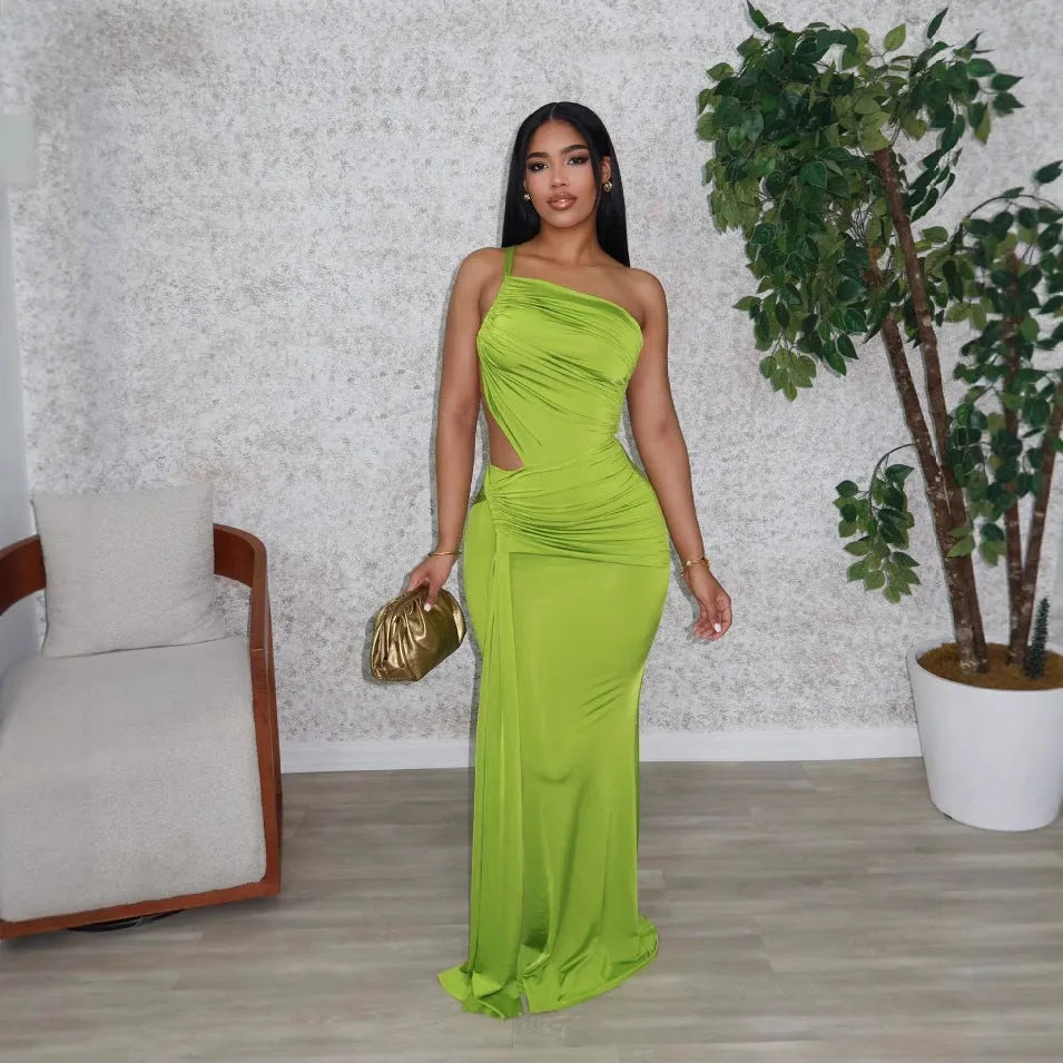 Women's one-shoulder pleated dress in milk silk polyester available in green, orange and white colours