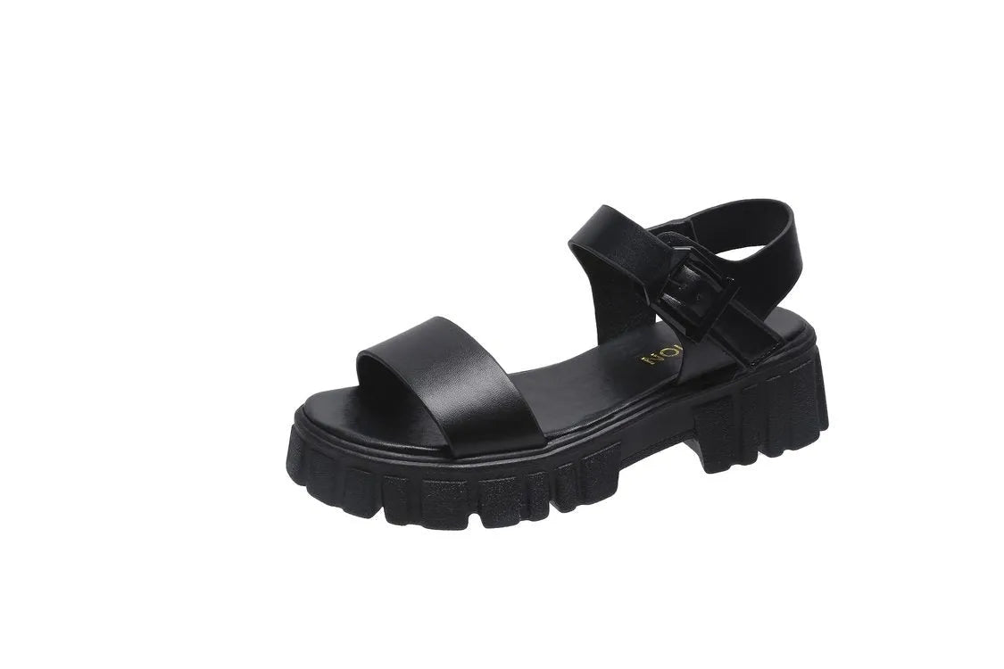 Women's beige PU platform sandals with a fish mouth peep toe and an ankle-strap buckle.