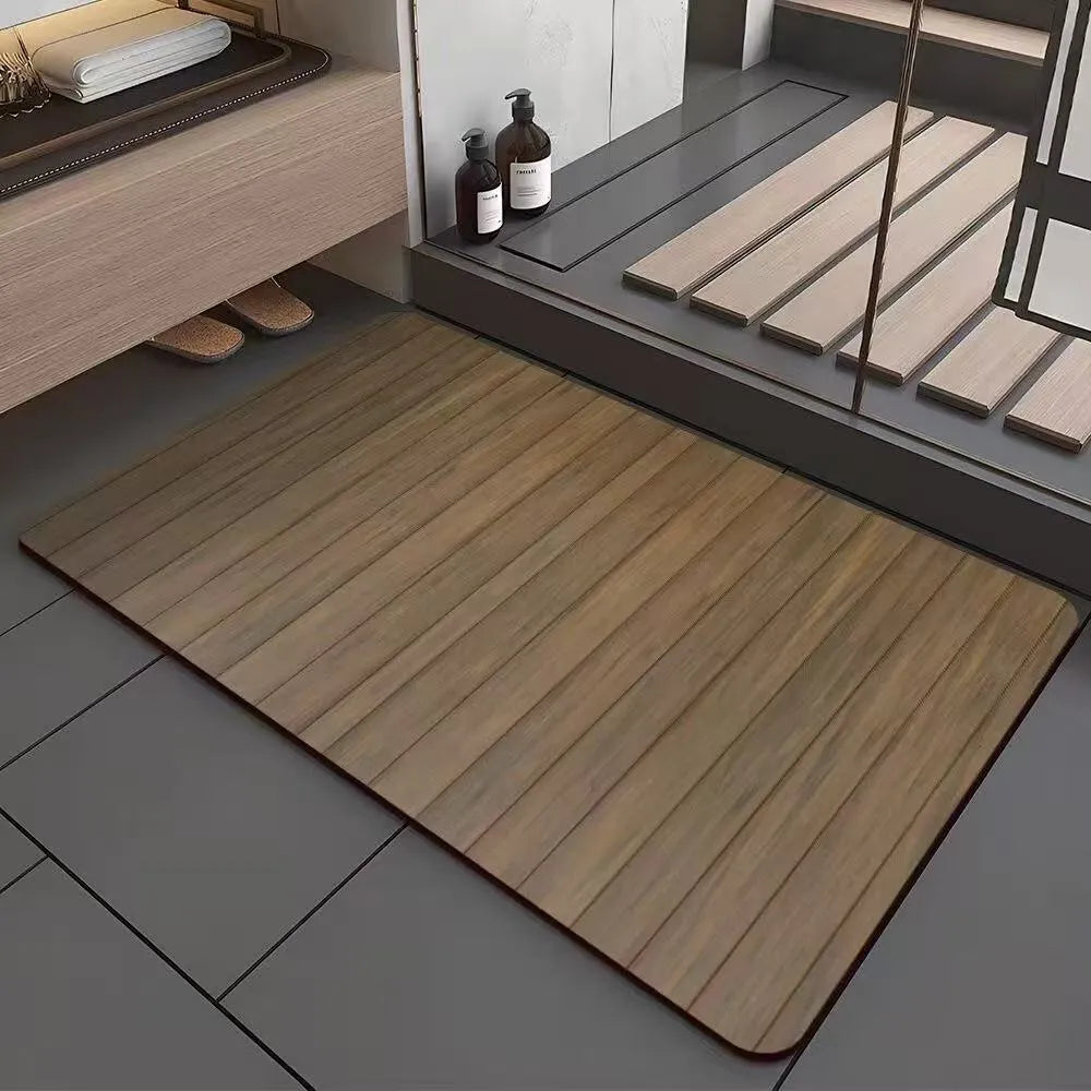 Square diatomite bathroom floor mat with wood grain pattern and non-slip base.