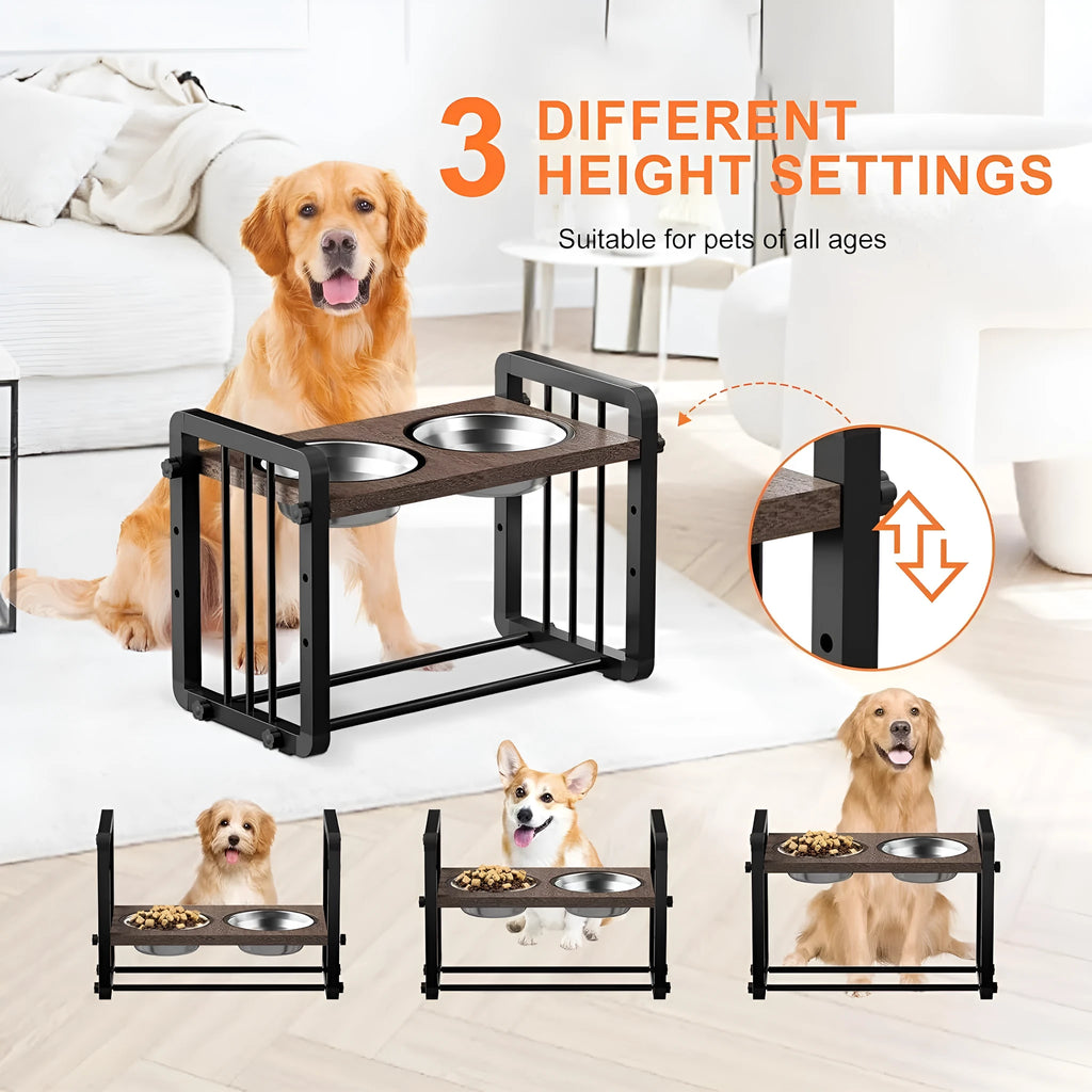 Black wooden dog bowl stand non-slip platform 37x23 cm for pet feeding