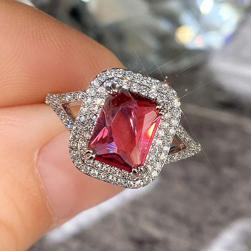 Copper geometric square ring with red rhinestones in princess design for women