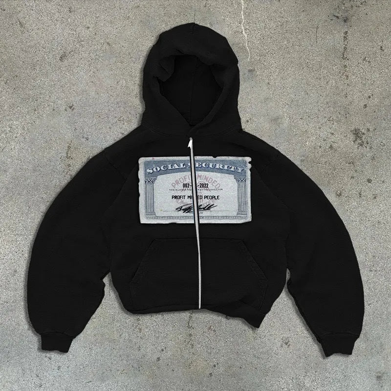 A loose fit black hoodie jacket with a letter pattern, full zip front, and zippered pockets.