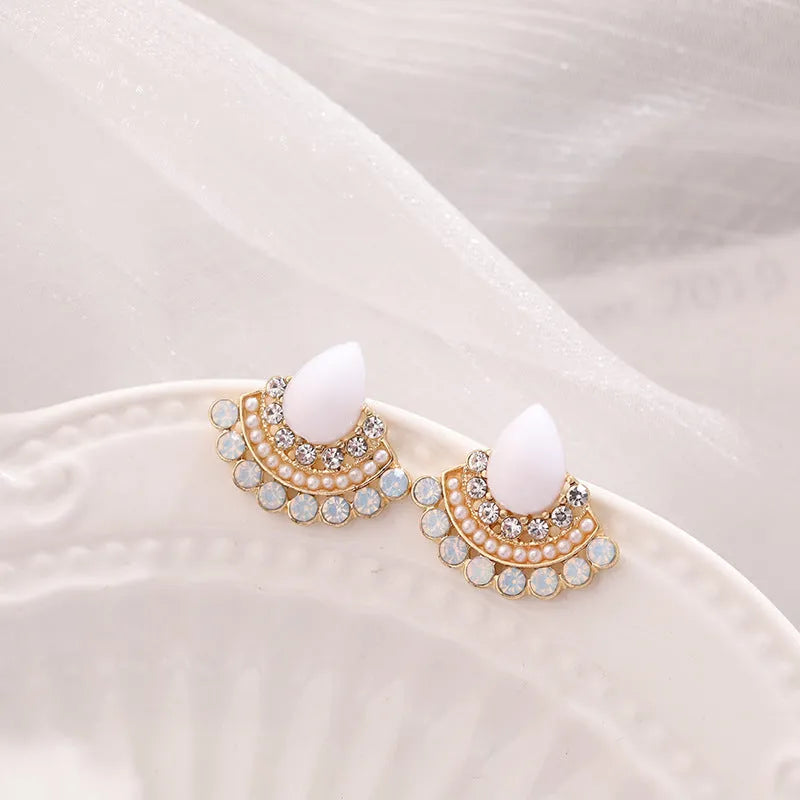 Women's retro geometric fan-shaped earrings with opal rhinestone detailing and electroplated sterling silver finish