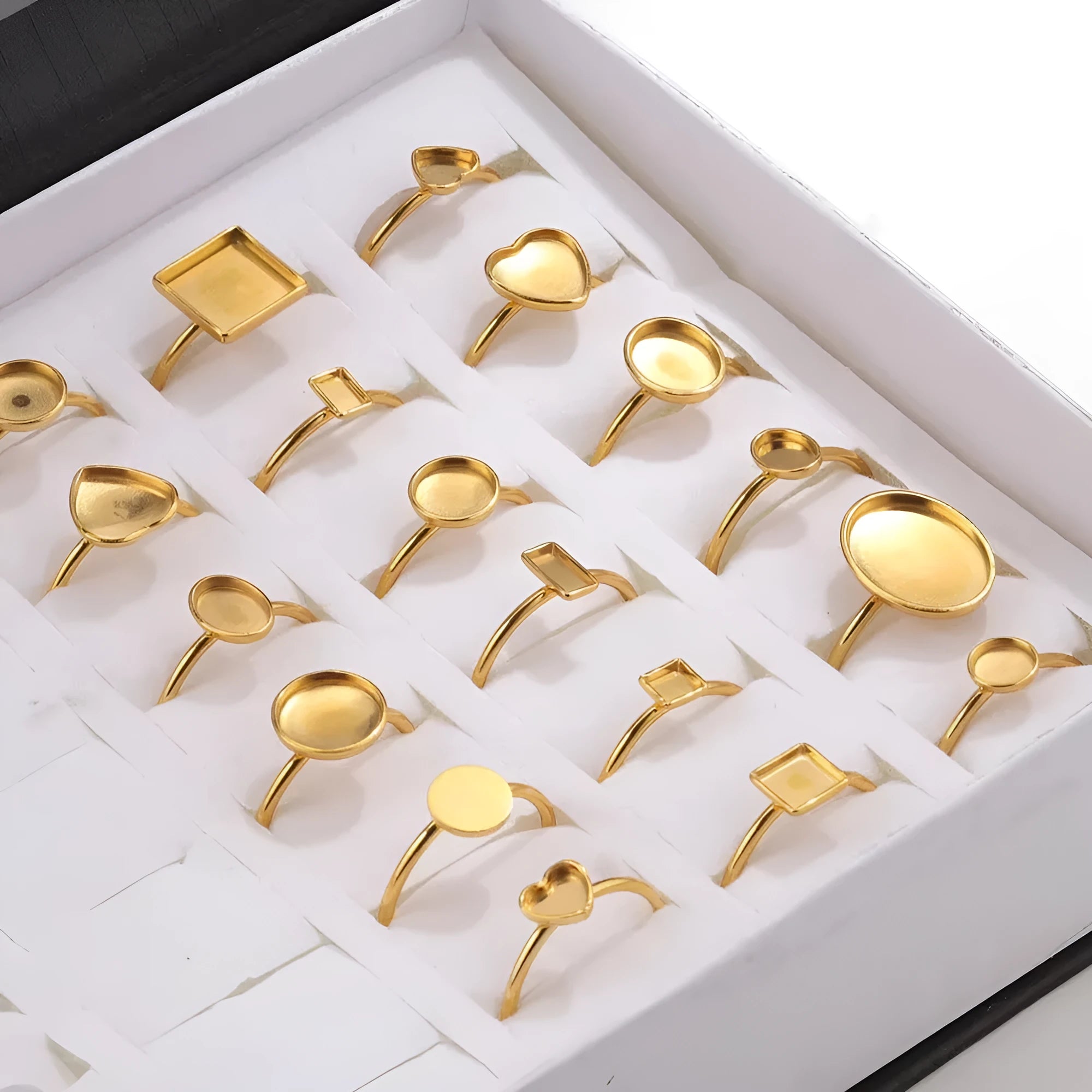 Gold electroplated stainless steel DIY ring setting on holder for jewellery polishing