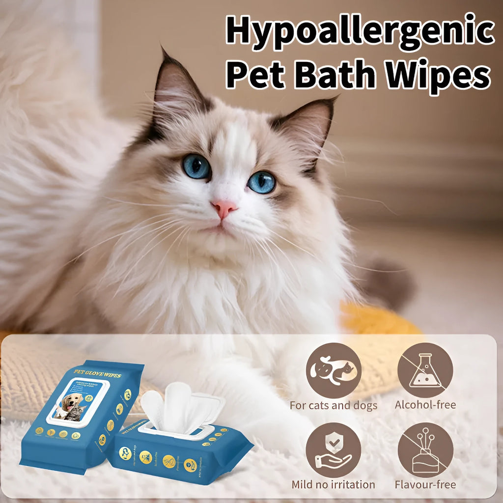 Pack of disposable wash-free gloves for cleaning and bathing pets like cats and dogs.