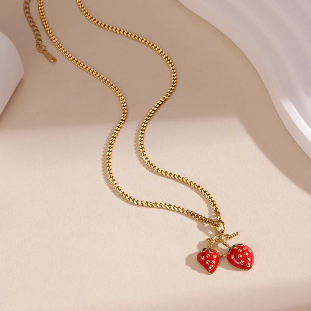 Stainless steel strawberry pendant necklace with alloy chain in red and white gradient colours