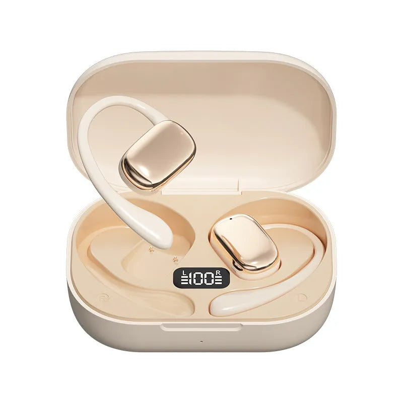 Ear-mounted wireless headphones with digital display in black, skin colour, or white ABS casing