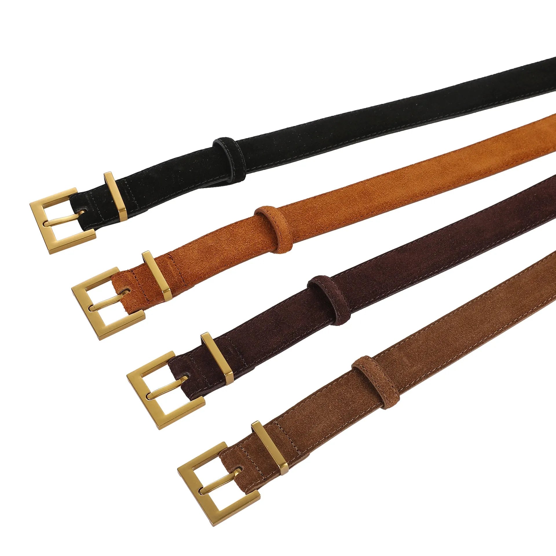 Women's genuine leather belt with quadrilateral alloy buckle in black colour, showing pin buckle fastening mechanism