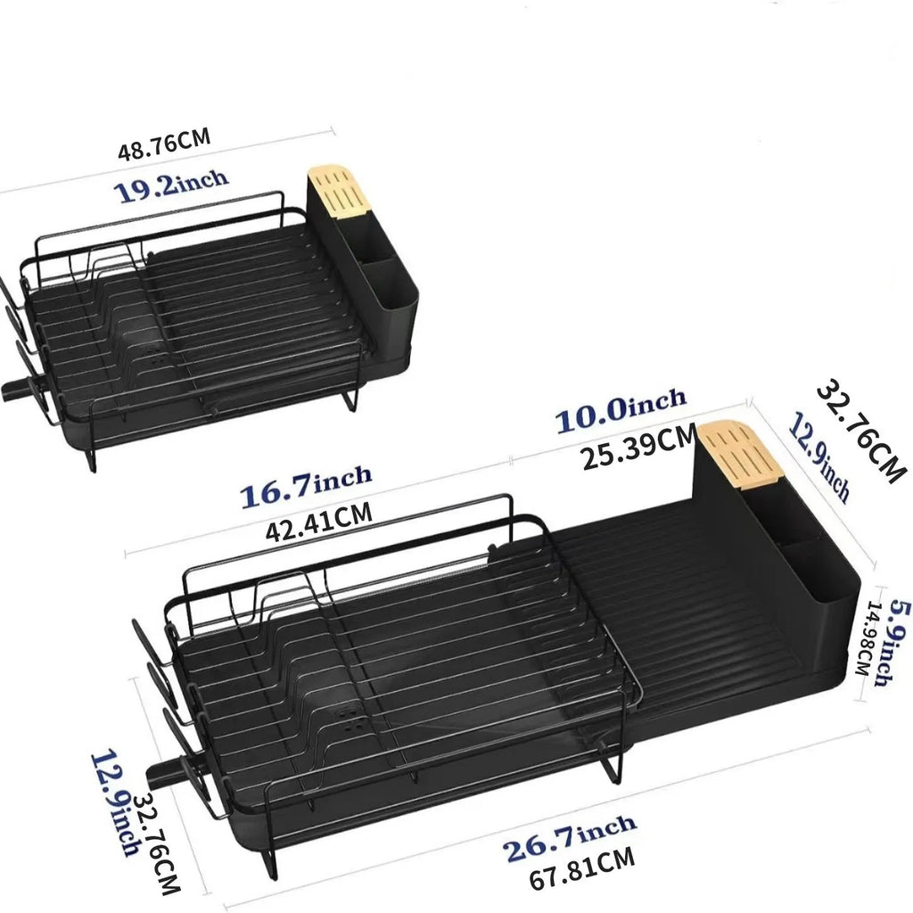 Retractable carbon steel dish rack for cutlery and cup drying over kitchen sink