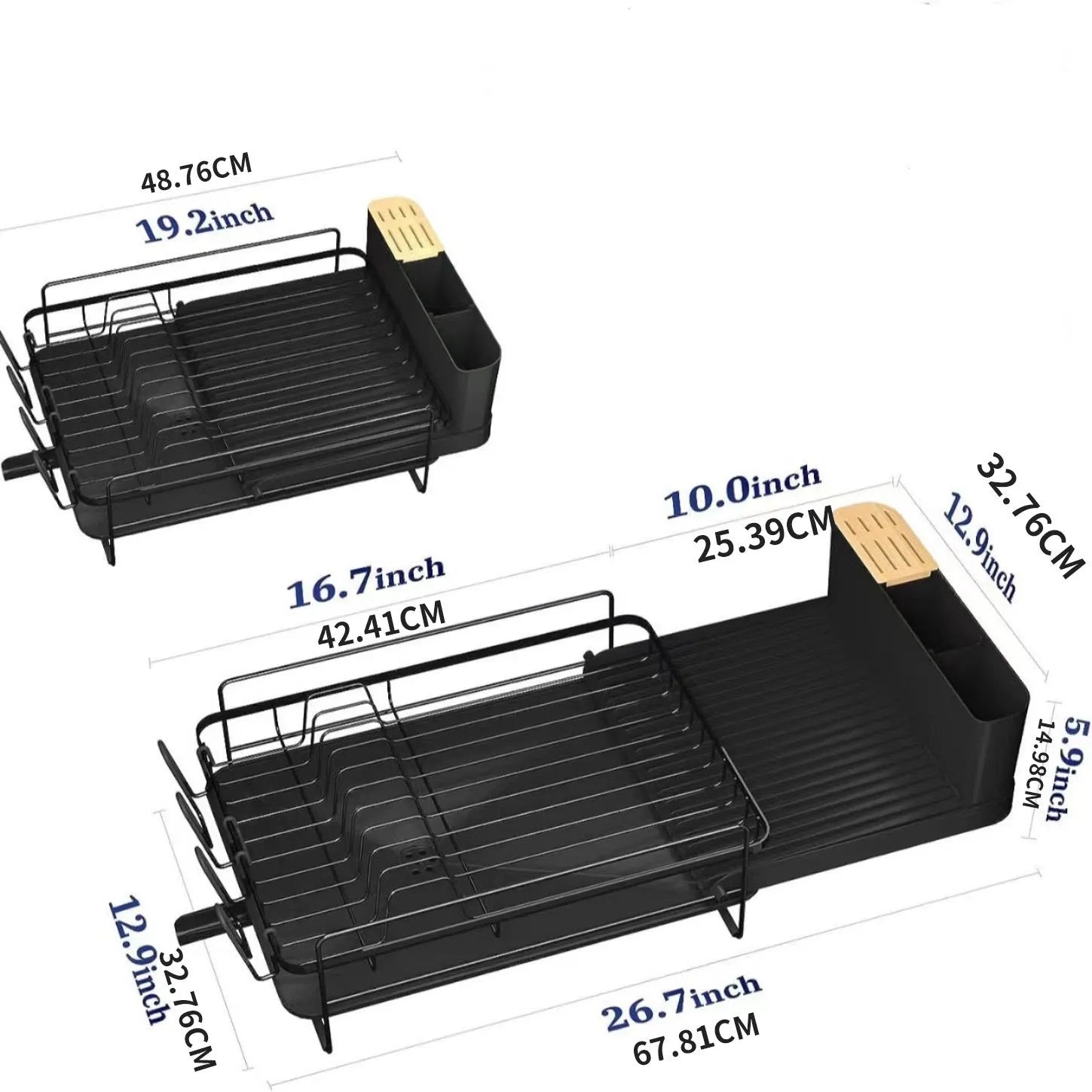 Retractable carbon steel dish rack for cutlery and cup drying over kitchen sink