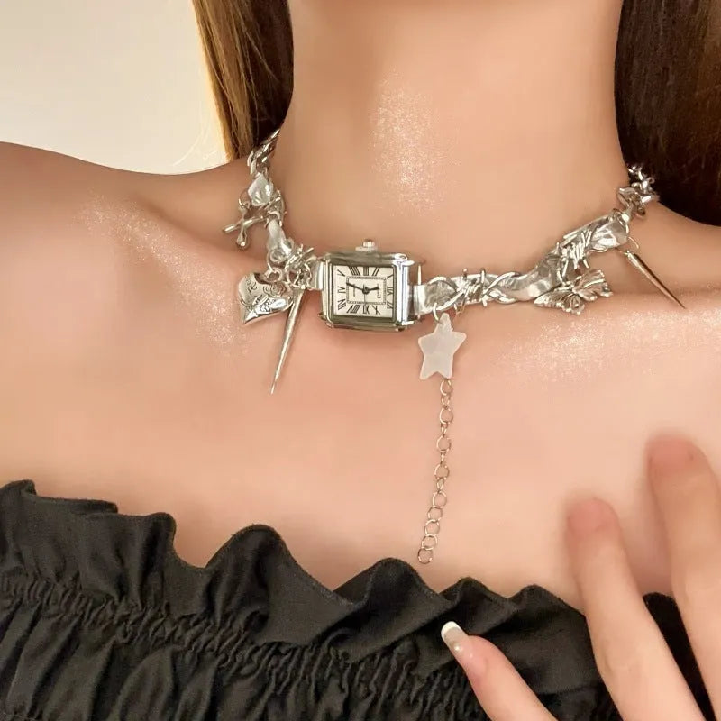 Dark style women's multi-layer cross necklace with twin clavicle chains showing large hemp flower links