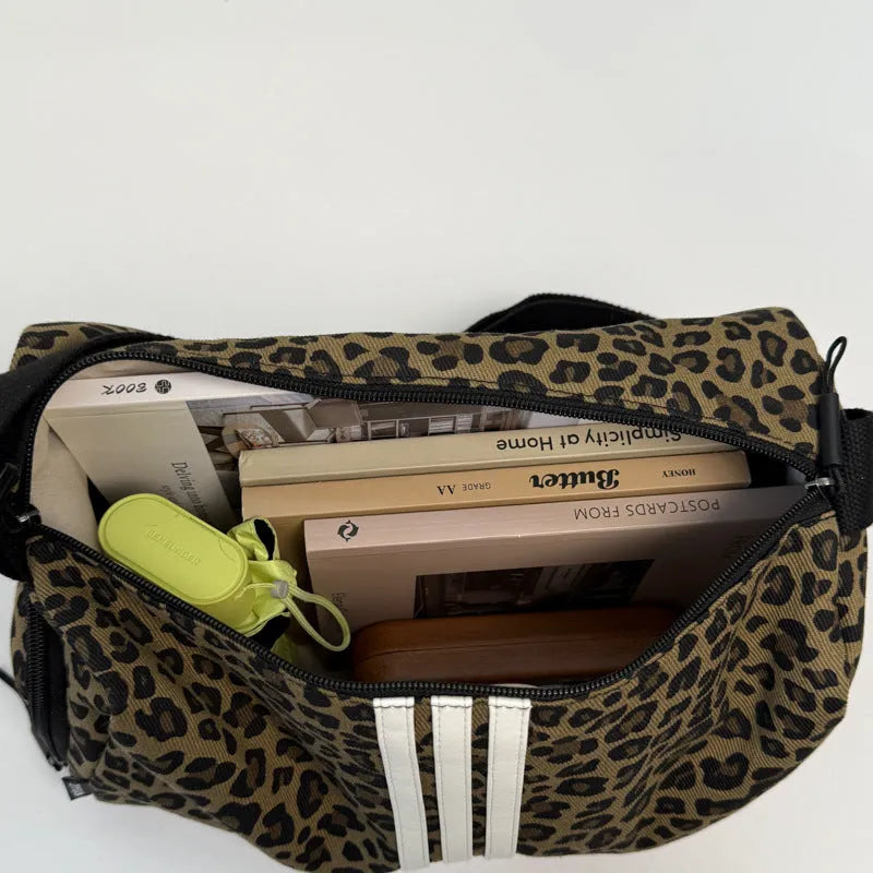 Leopard print crossbody shoulder messenger bag with large capacity and sports style design
