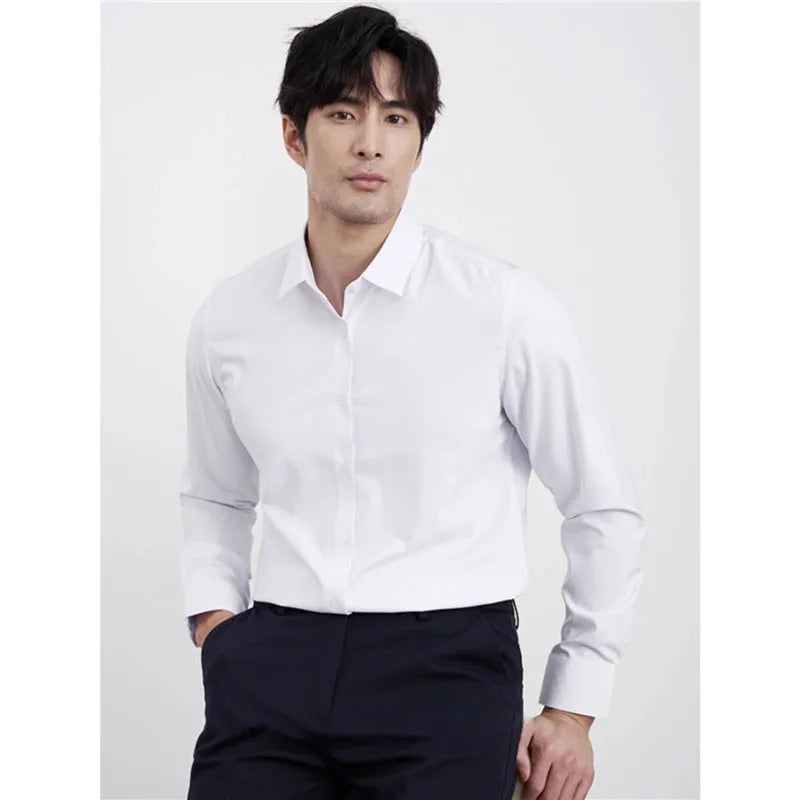 Men's wine red slim fit long sleeve shirt on a hanger, non-iron polyester fabric.