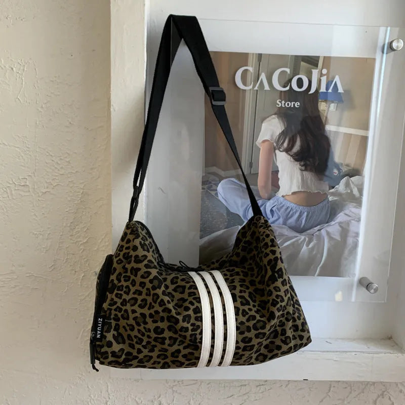 Leopard print crossbody shoulder messenger bag with large capacity and sports style design