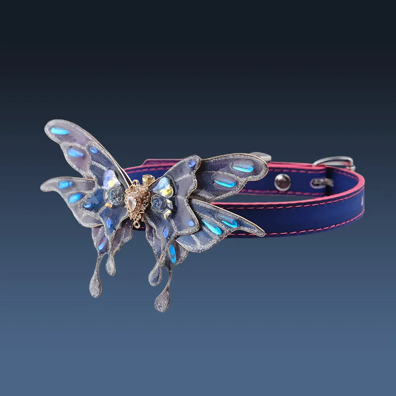 Purple butterfly rhinestone collar with temperature-changing colour on alloy pendant and adjustable PU chain