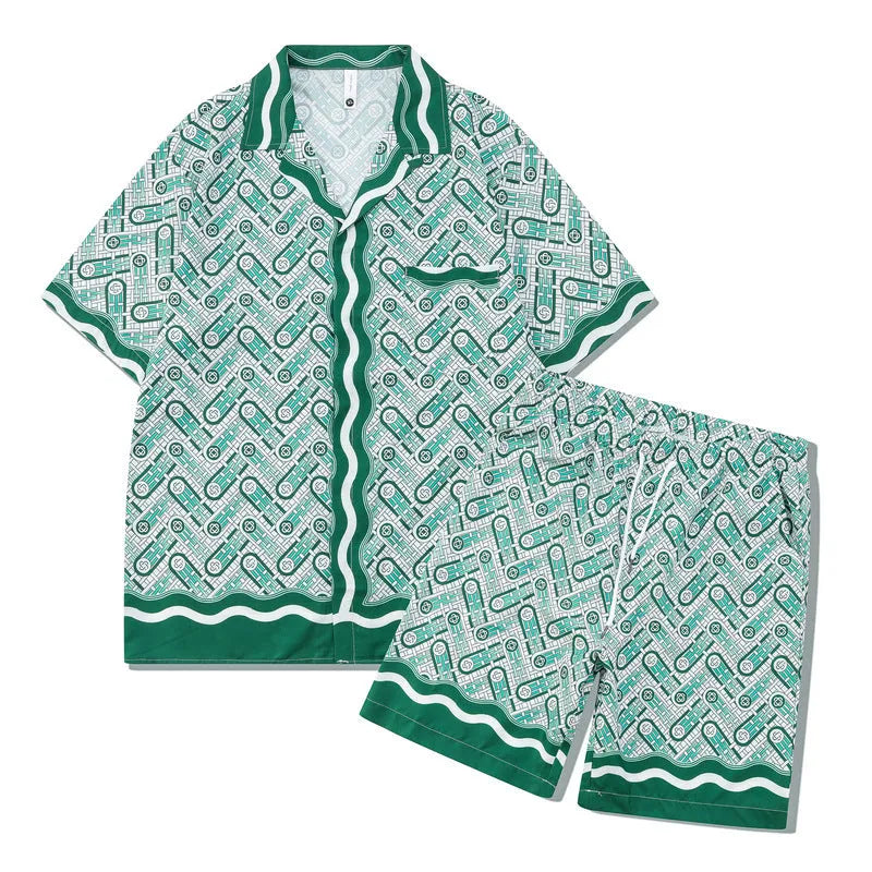 Plaid pattern beach shirt and trousers outfit set in polyester fabric