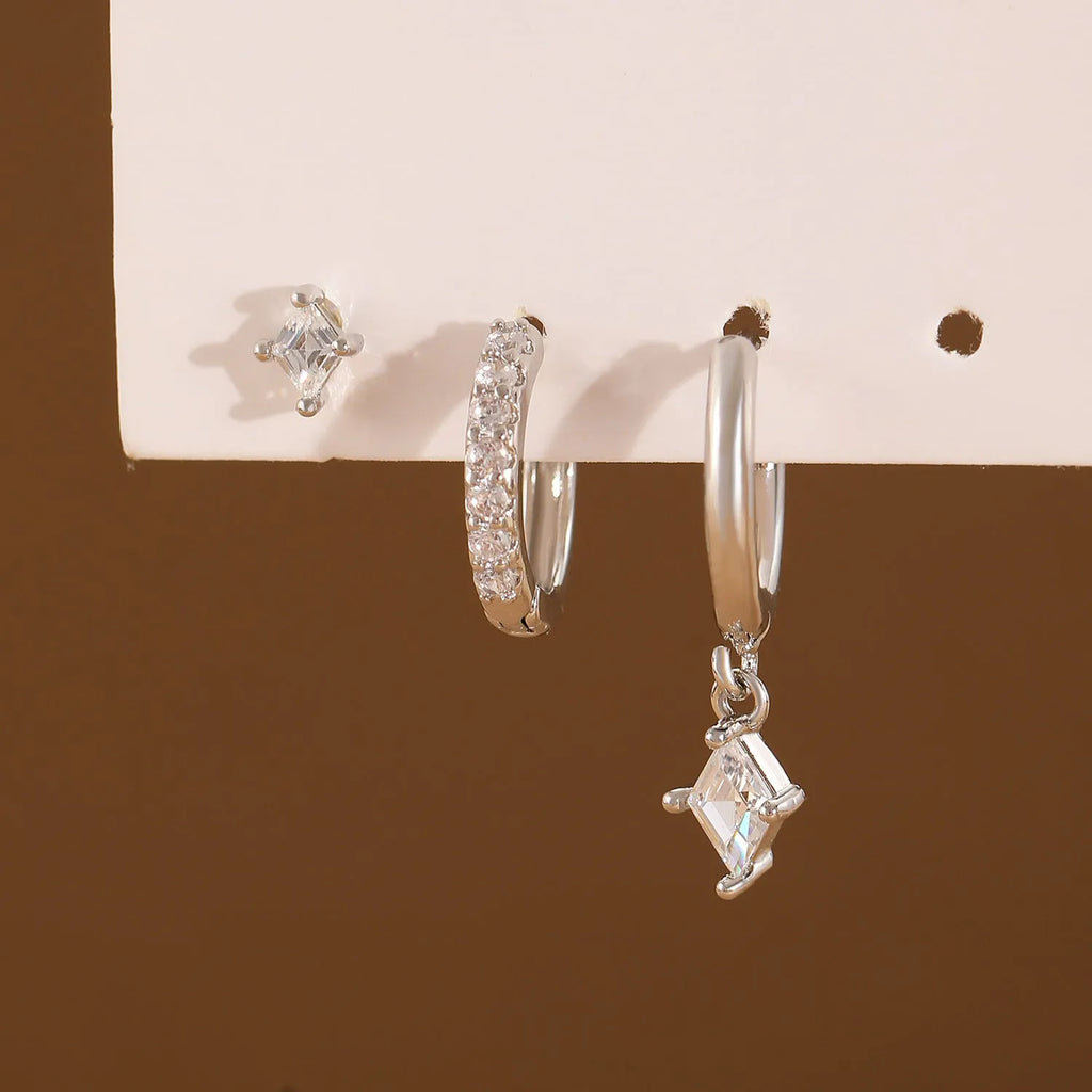 Geometric zircon earring three-piece set showing ear rings, stud earrings, and ear clasps with rhombus patterns