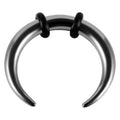 Geometric C-shaped nose ring with buffalo horn inlay, shown in steel colour on a grey background.