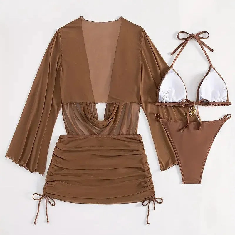 Dark brown or black women's lace-up bikini swimsuit set with backless design