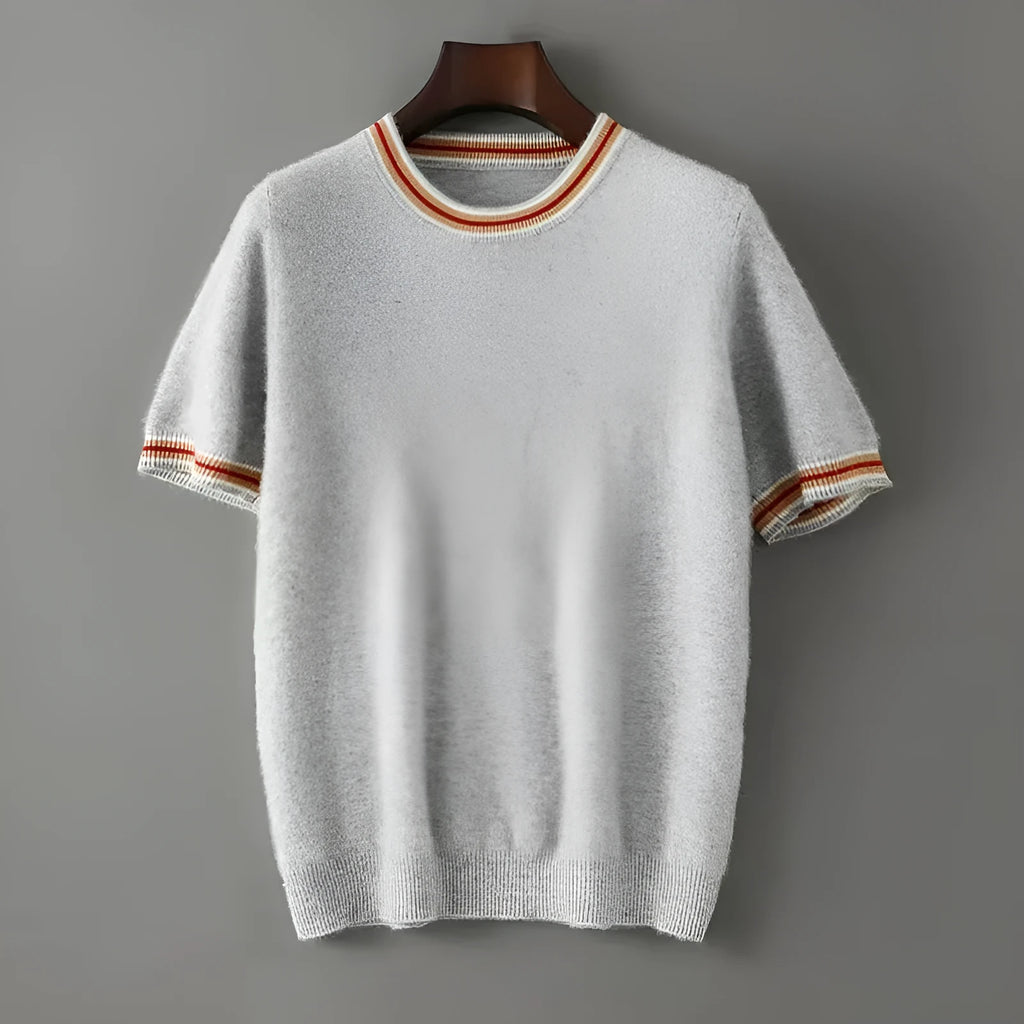 Men's pure wool short sleeve sweater in round neck pullover style shown in neutral colour