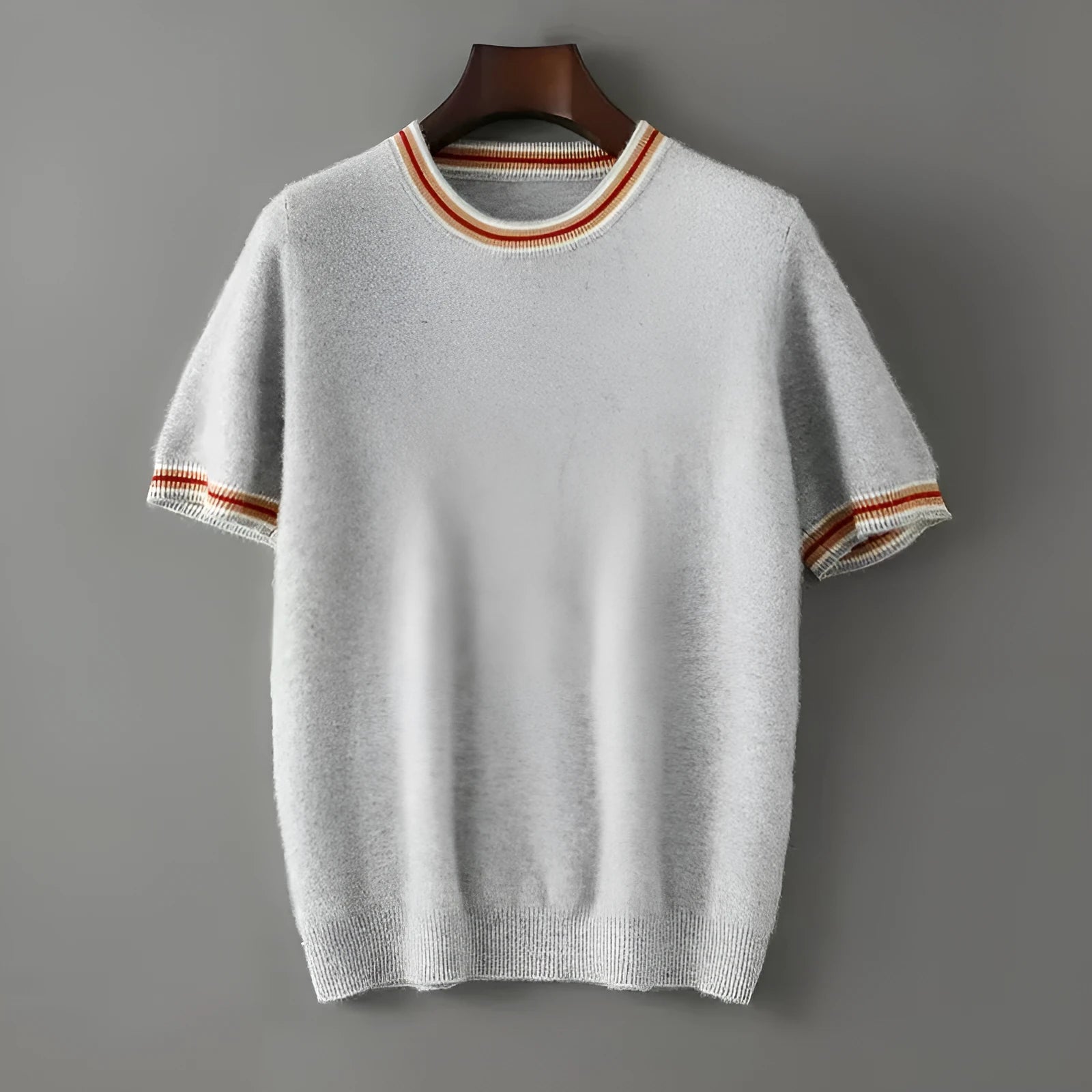 Men's pure wool short sleeve sweater in round neck pullover style shown in neutral colour