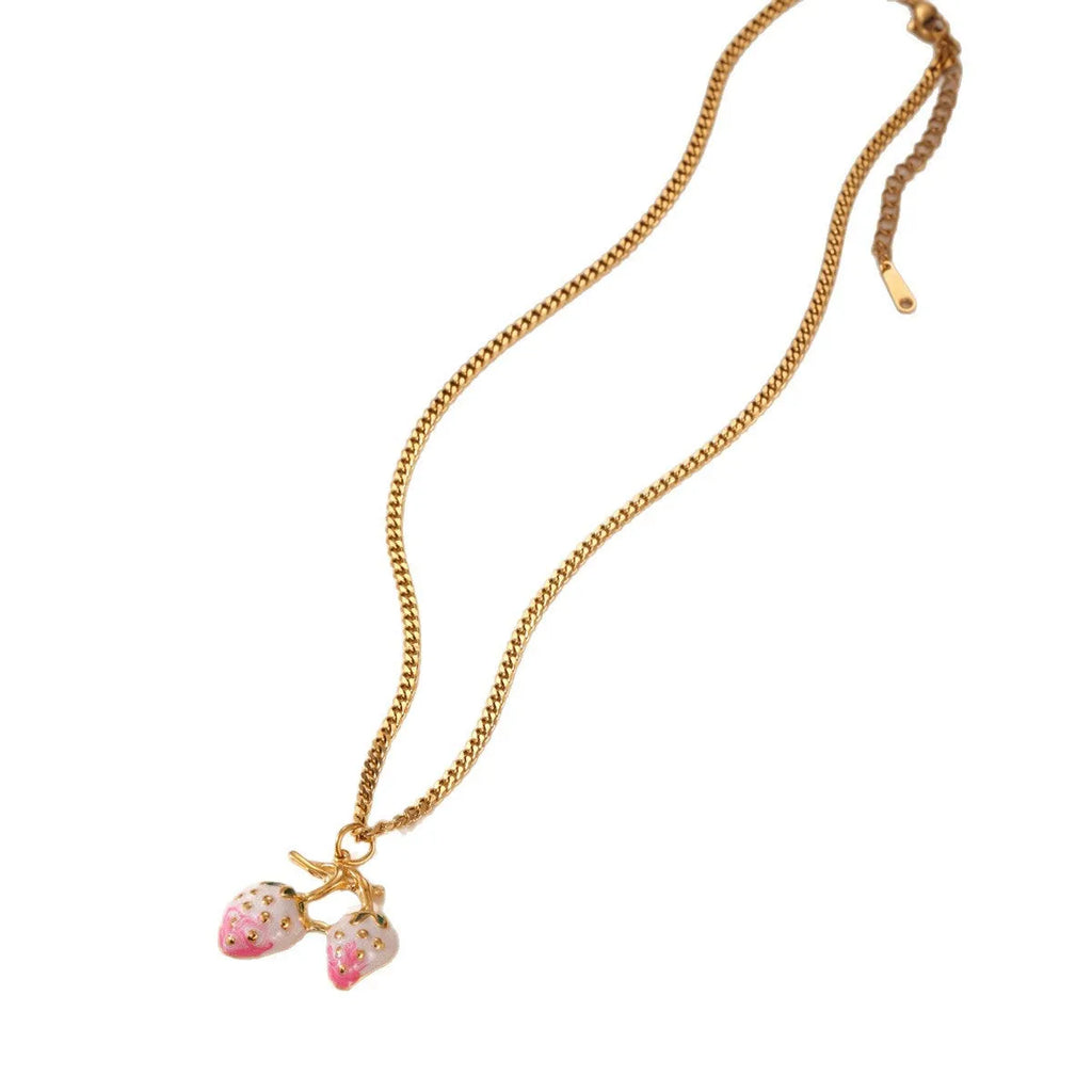Stainless steel strawberry pendant necklace with alloy chain in red and white gradient colours