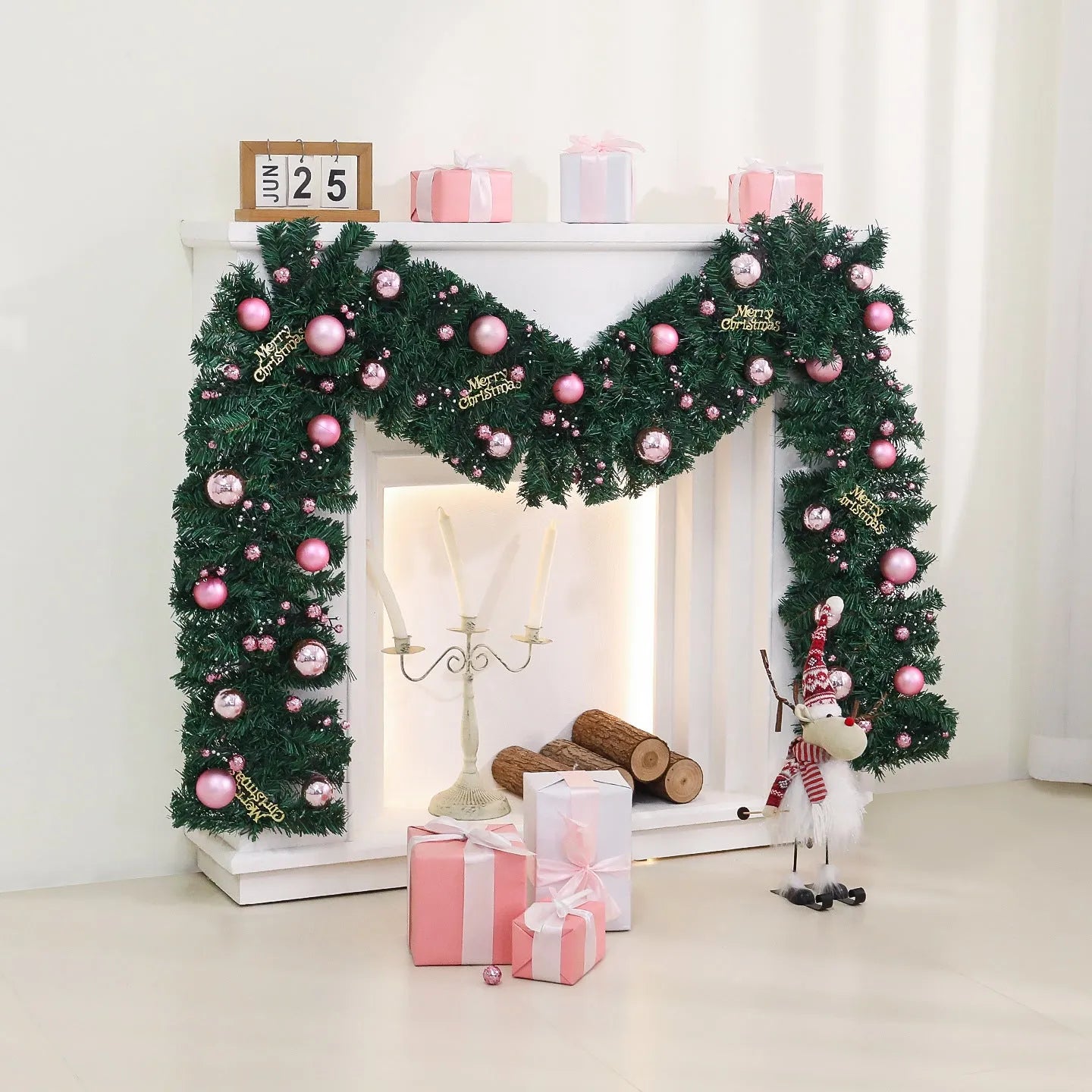 2.7 metre pink Christmas rattan wall decoration with 240 decorative elements and lighting options