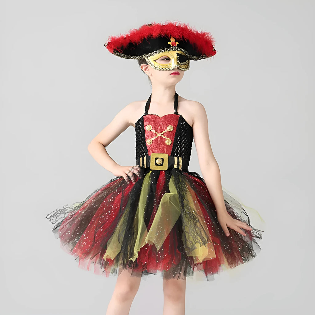 Girls pirate costume dress with sequins, gauze mesh, and lace detailing for Halloween