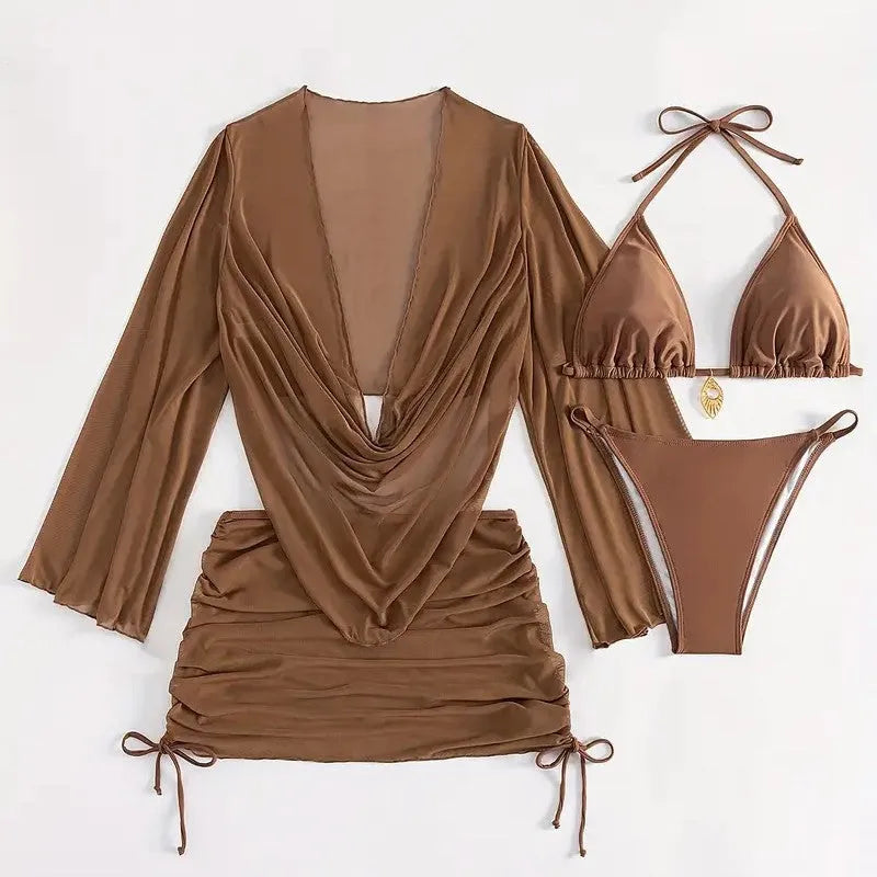 Dark brown or black women's lace-up bikini swimsuit set with backless design