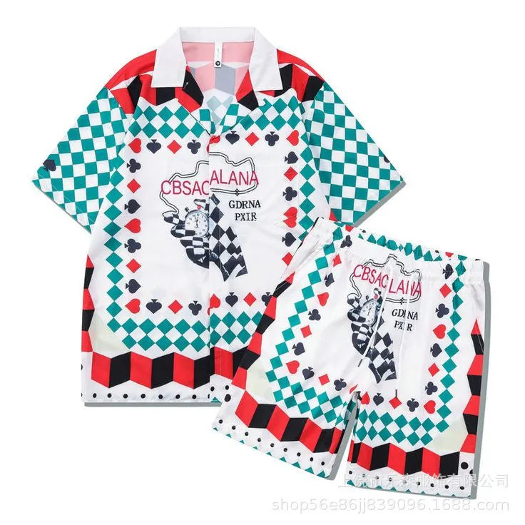 Plaid pattern beach shirt and trousers outfit set in polyester fabric