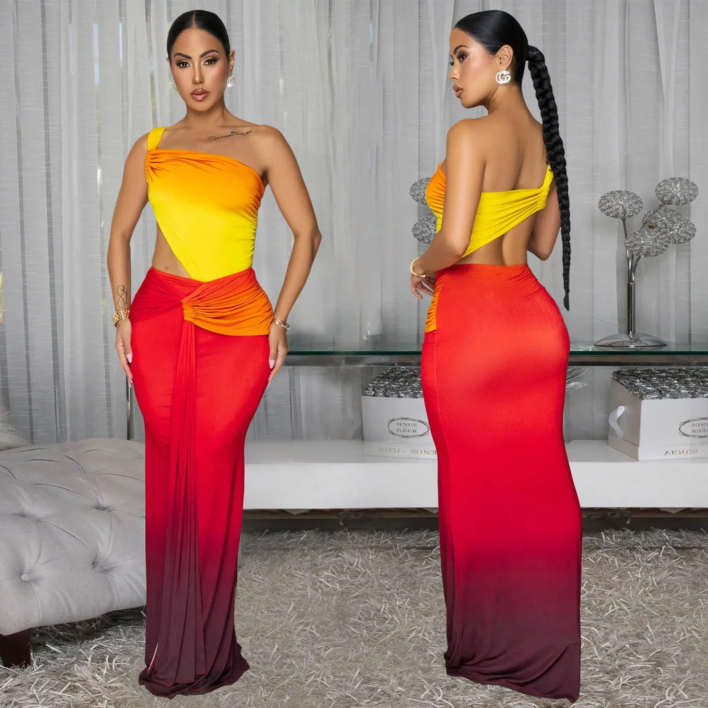 Women's gradient colour summer dress with cross-shoulder design and high-waisted long skirt.
