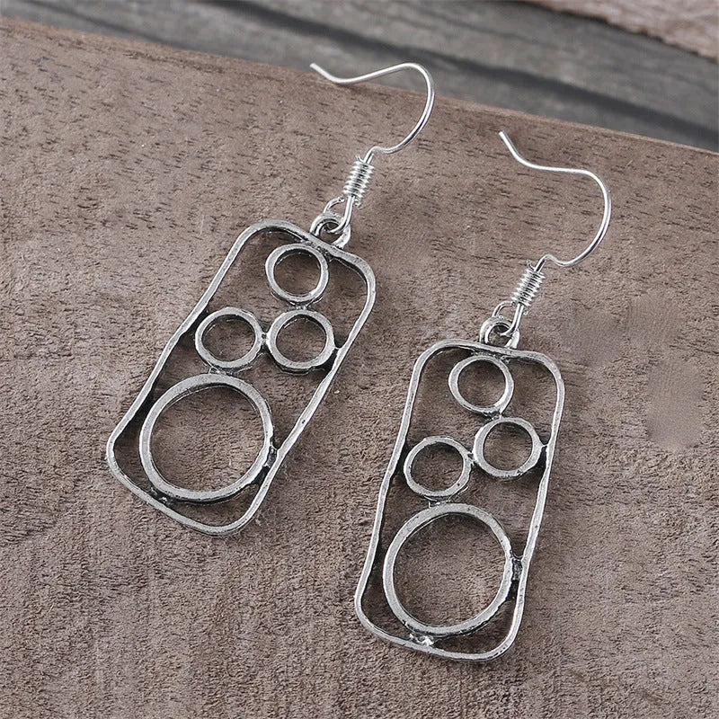 Geometric round ring earrings with irregular square design in antique silver zinc alloy
