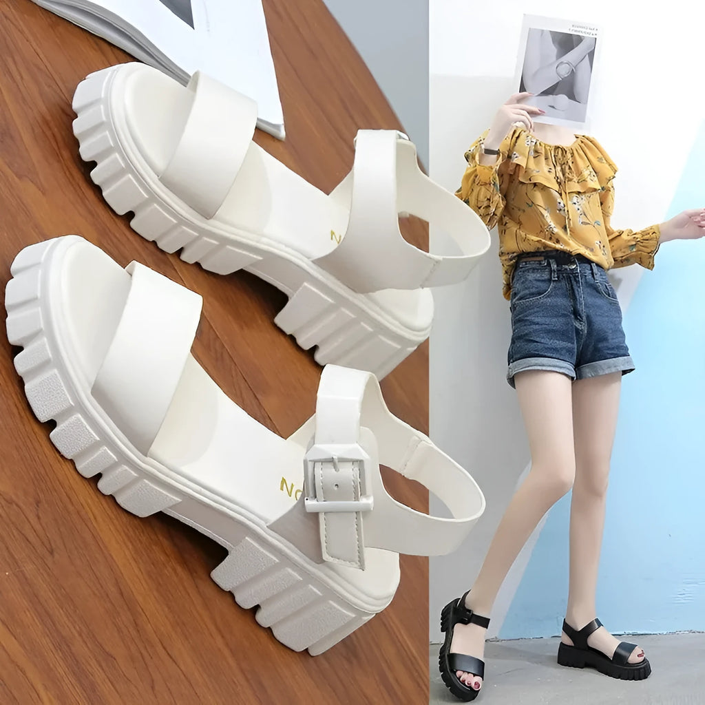 Women's beige PU platform sandals with a fish mouth peep toe and an ankle-strap buckle.