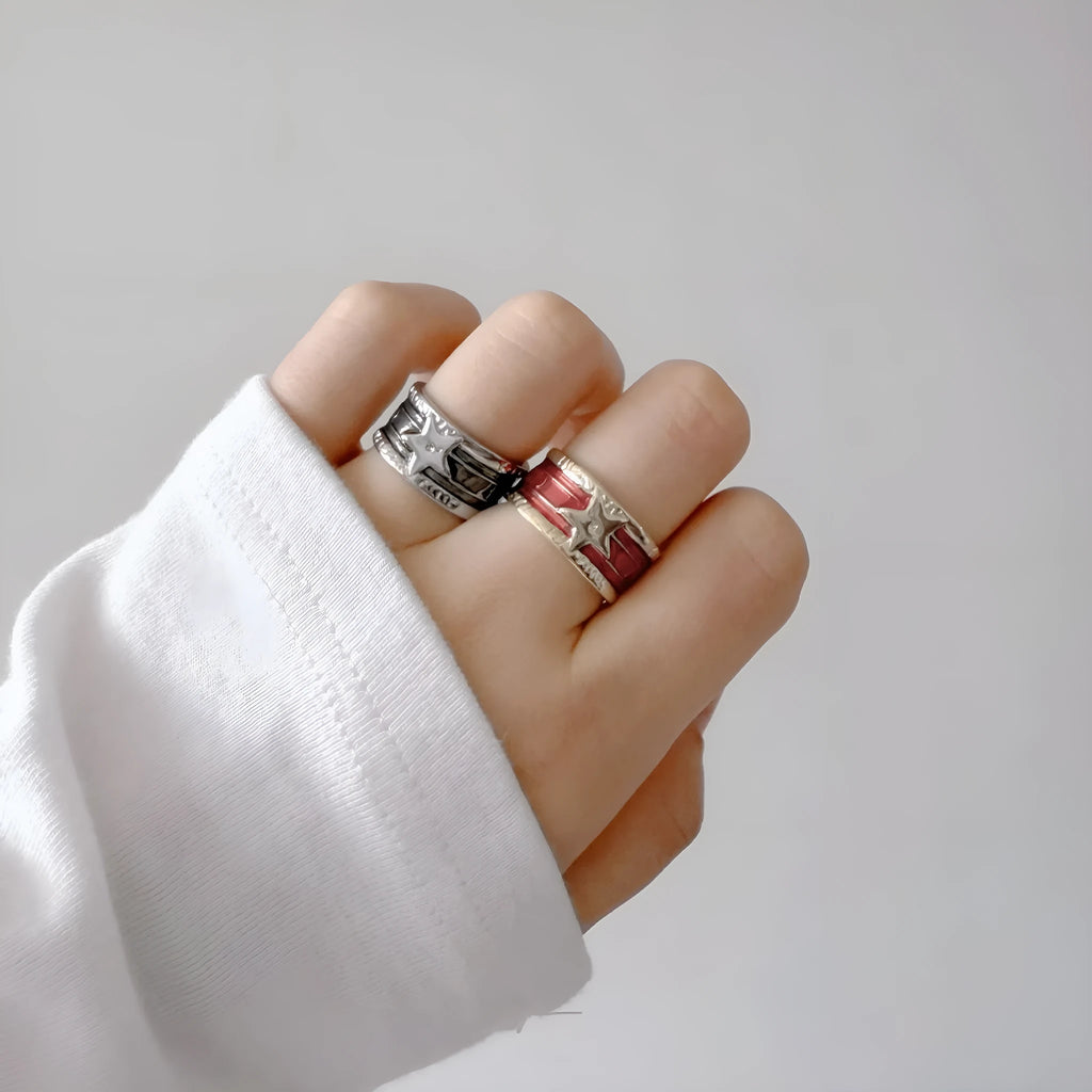 Adjustable copper drop oil ring with geometric lines in distressed finish