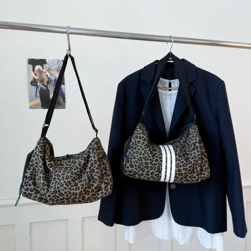 Leopard print crossbody shoulder messenger bag with large capacity and sports style design