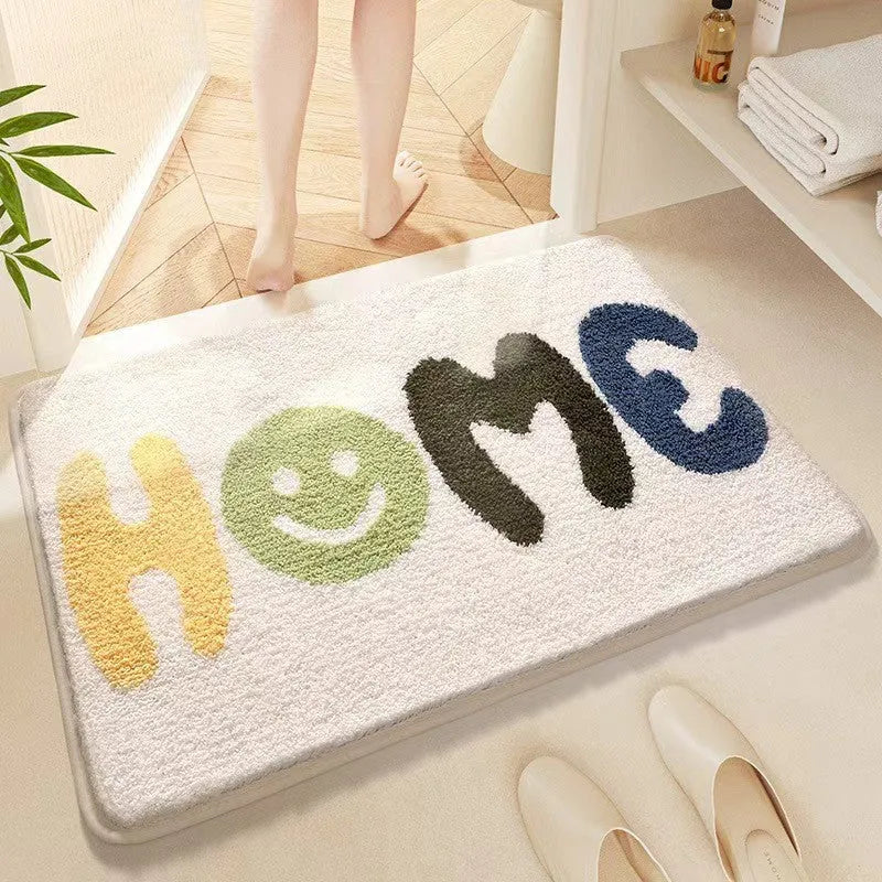 Square rainbow pattern floor mat in sky sea colour with imitation cashmere texture and plastic bottom