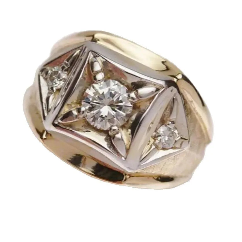 Gold colour geometric hollow couple ring with chamfered square pattern on copper