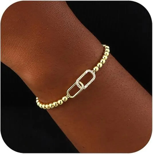 Adjustable stainless steel beaded bracelet with geometric round beads in six colour finishes.