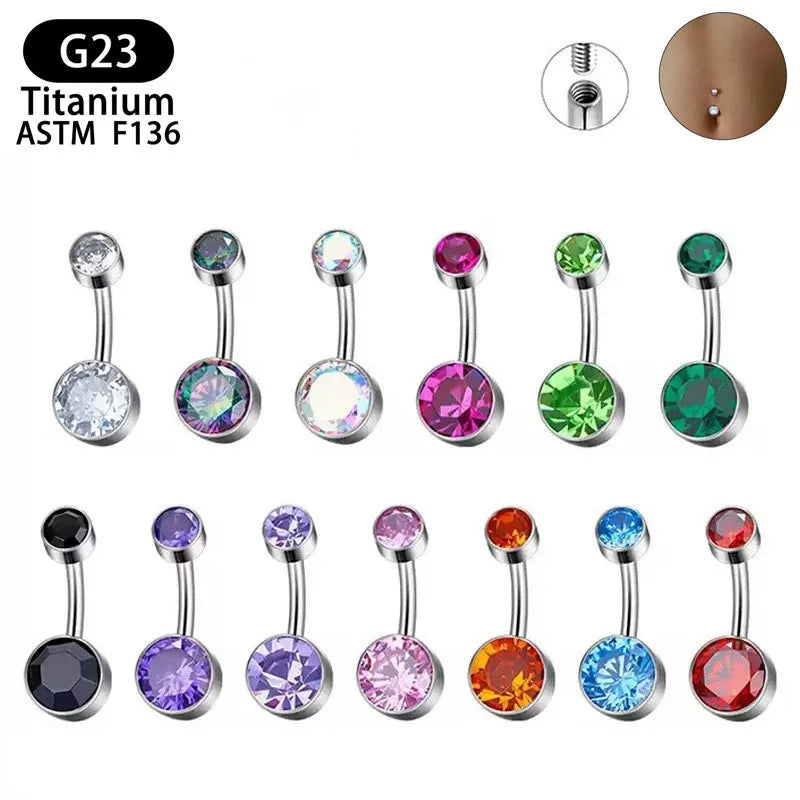 Titanium alloy navel piercing stud with double-headed zircon stones in various colours