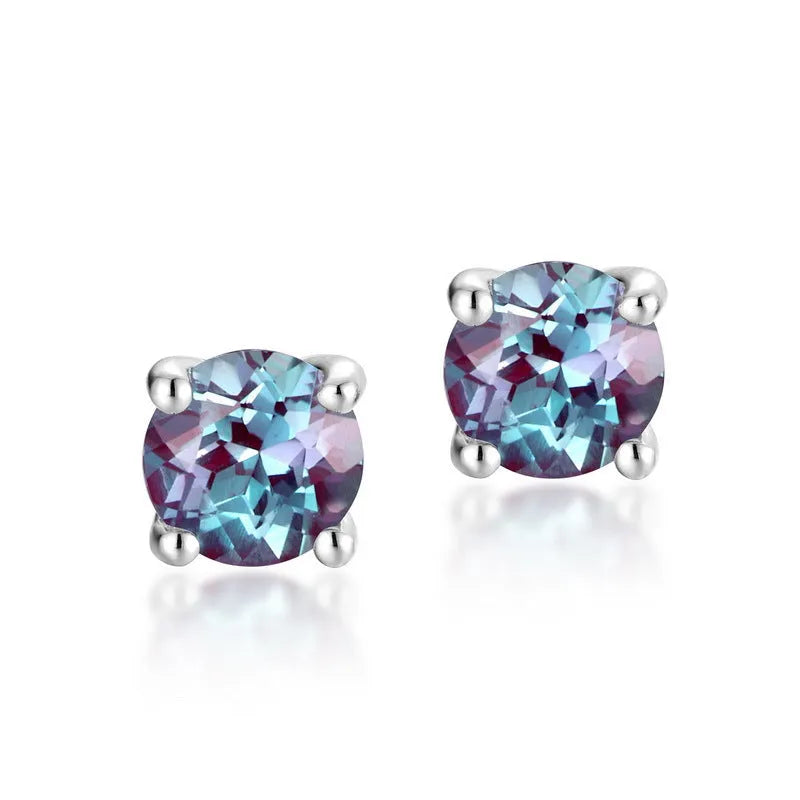 925 sterling silver ear studs with round cultivated Alexandrite stone in geometric setting.