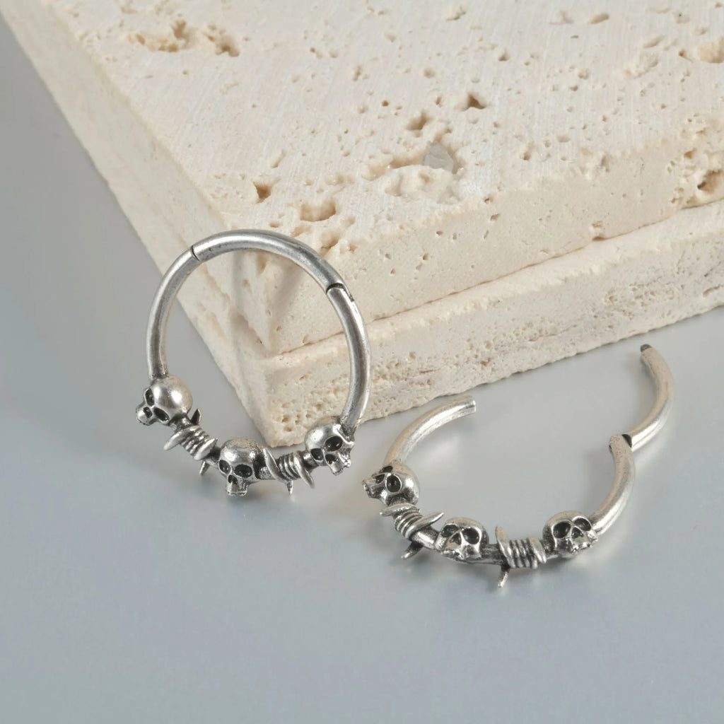 Copper punk earring with ghost head design in antique silver finish