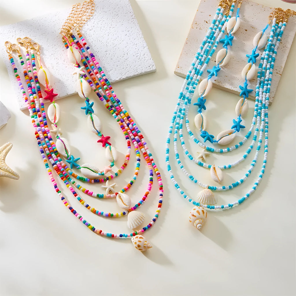 Women's multi-layer necklace set with starfish and shell pendants in blue and assorted colours