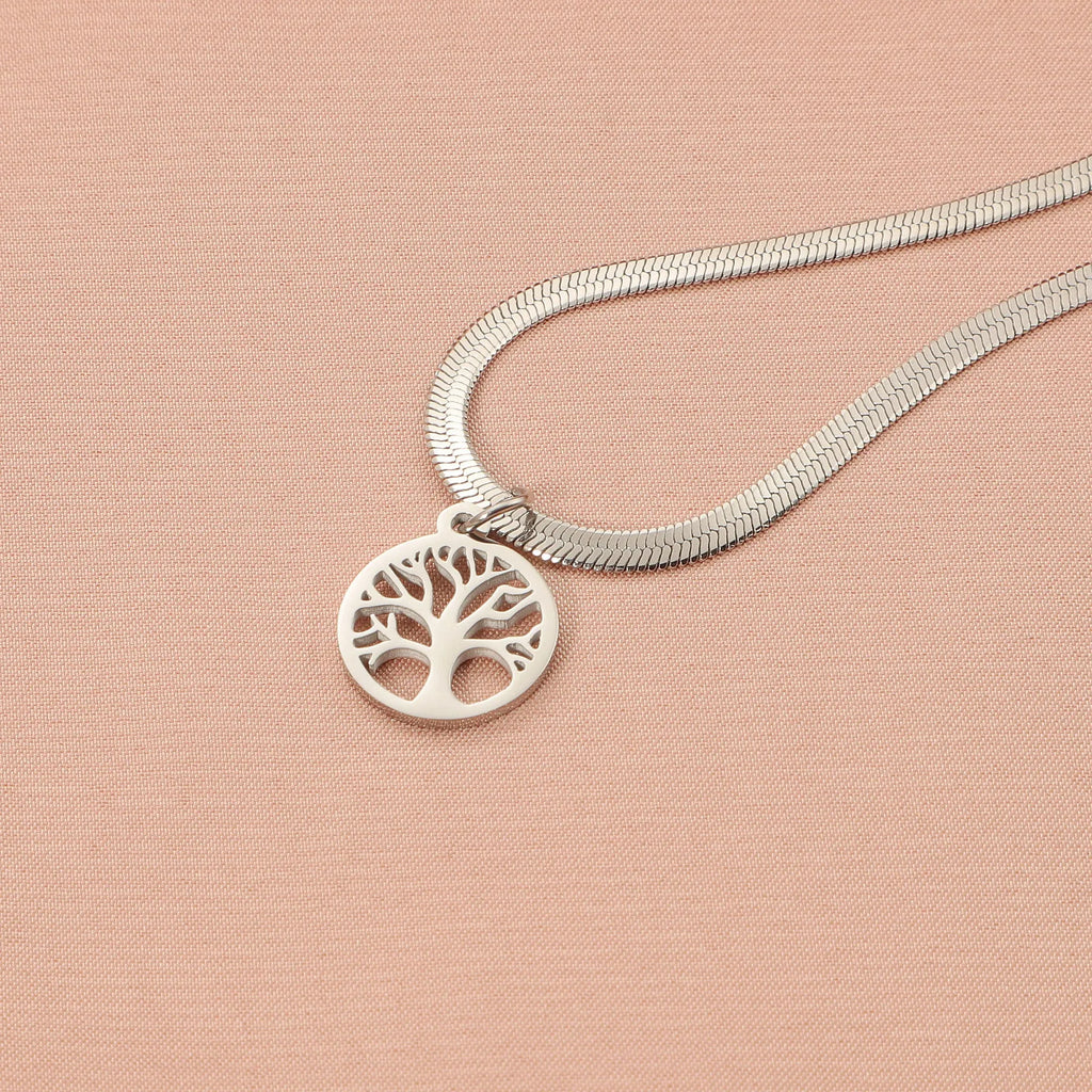 Stainless steel necklace with a U-shaped tree pendant on a snake bones chain.